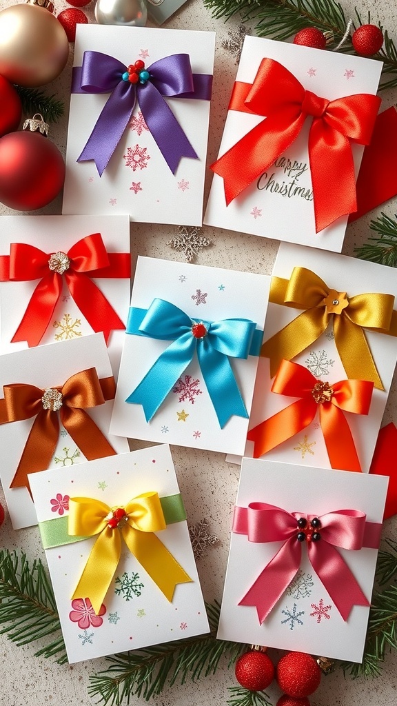 Handmade Christmas cards with colorful bows displayed with holiday decorations.